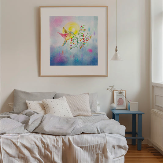 Set-Curated Trio of Golden Birds Frequency Fine Art Print. Edition 2