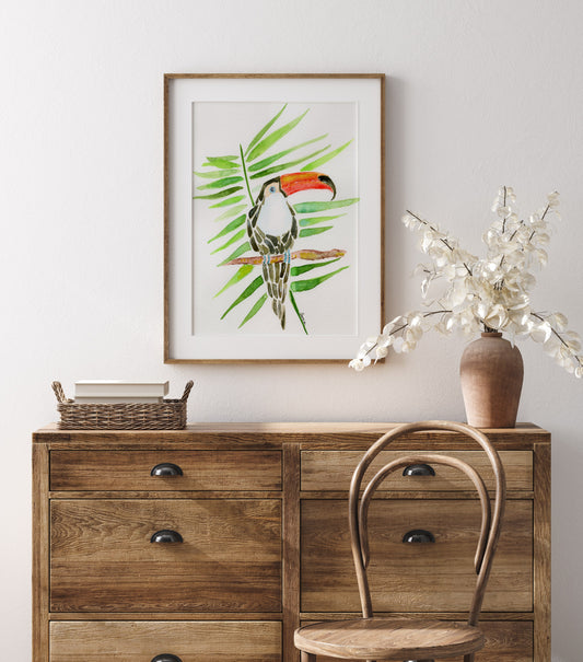 Tropical Toucan and Palm Leaves Watercolor Print - Botanical Art for Home Decor (A4 Size)