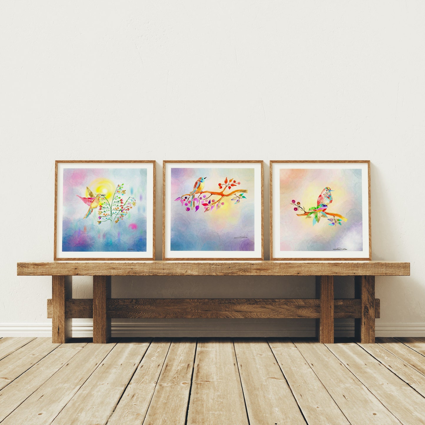 Set-Curated Trio of Golden Birds Frequency Fine Art Print. Edition 2