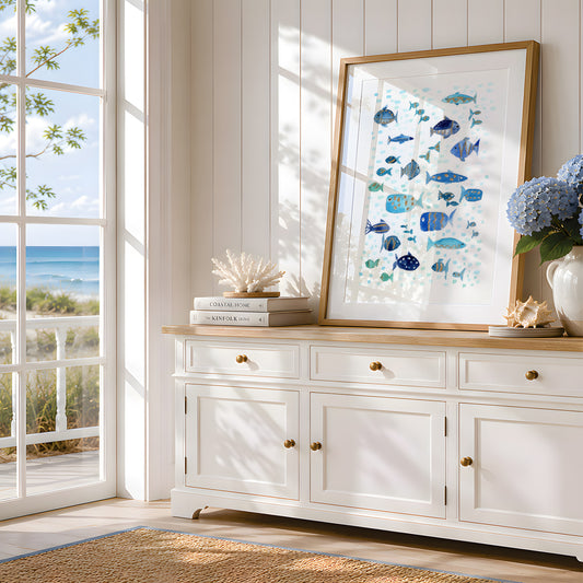 Coastal Wall Art, Navy Blue Turquoise Ocean Print, Marine Life with Gold Touch, Modern Nautical Decor, Minimalist Beach House Art, Single Print