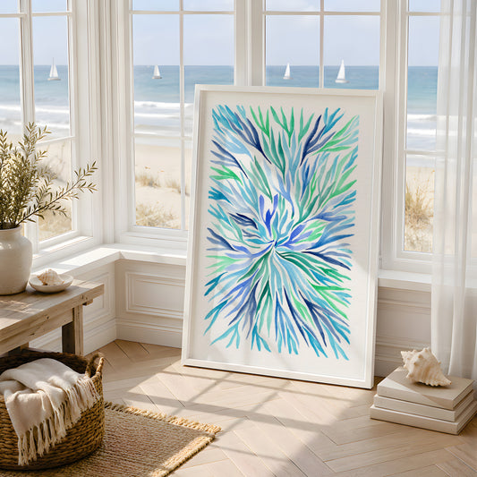 Coastal Wall Art, Navy Blue Turquoise Ocean Print, Swirling Underwater Botanical Pattern, Modern Nautical Decor, Minimalist Beach House Art, Single Print