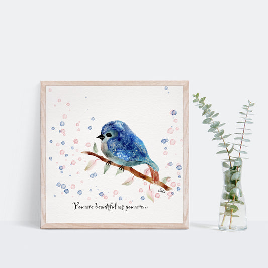 Hand-Drawn Blue Bird Art Print | Digital Illustration for Baby Room Decor