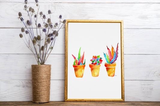 Succulent Watercolor Handmade Art Print, Botanical Plants Potted Decor