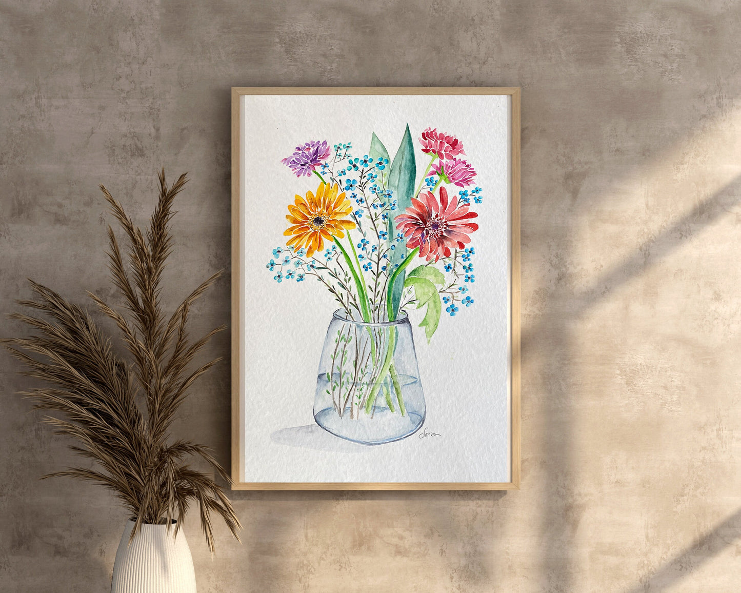 Watercolor Floral Bouquet Print, Handmade Wildflower Painting, Vase Home Decor