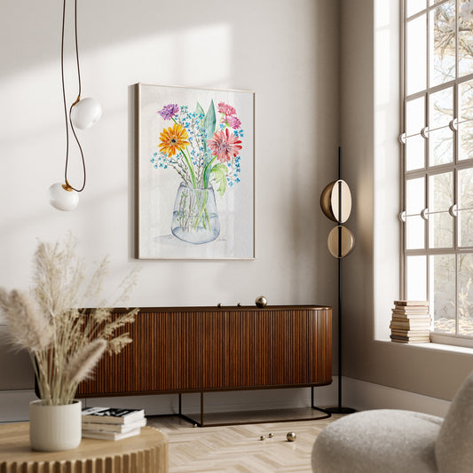 Watercolor Floral Bouquet Print, Handmade Wildflower Painting, Vase Home Decor