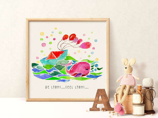 Whale Balloon Watercolor Print | "Be Light Feel Light" Inspirational Nursery Art