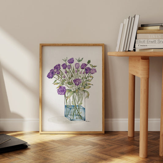 Purple Eustoma Watercolor Art Print, Lisianthus Floral Painting, Home Decor Art