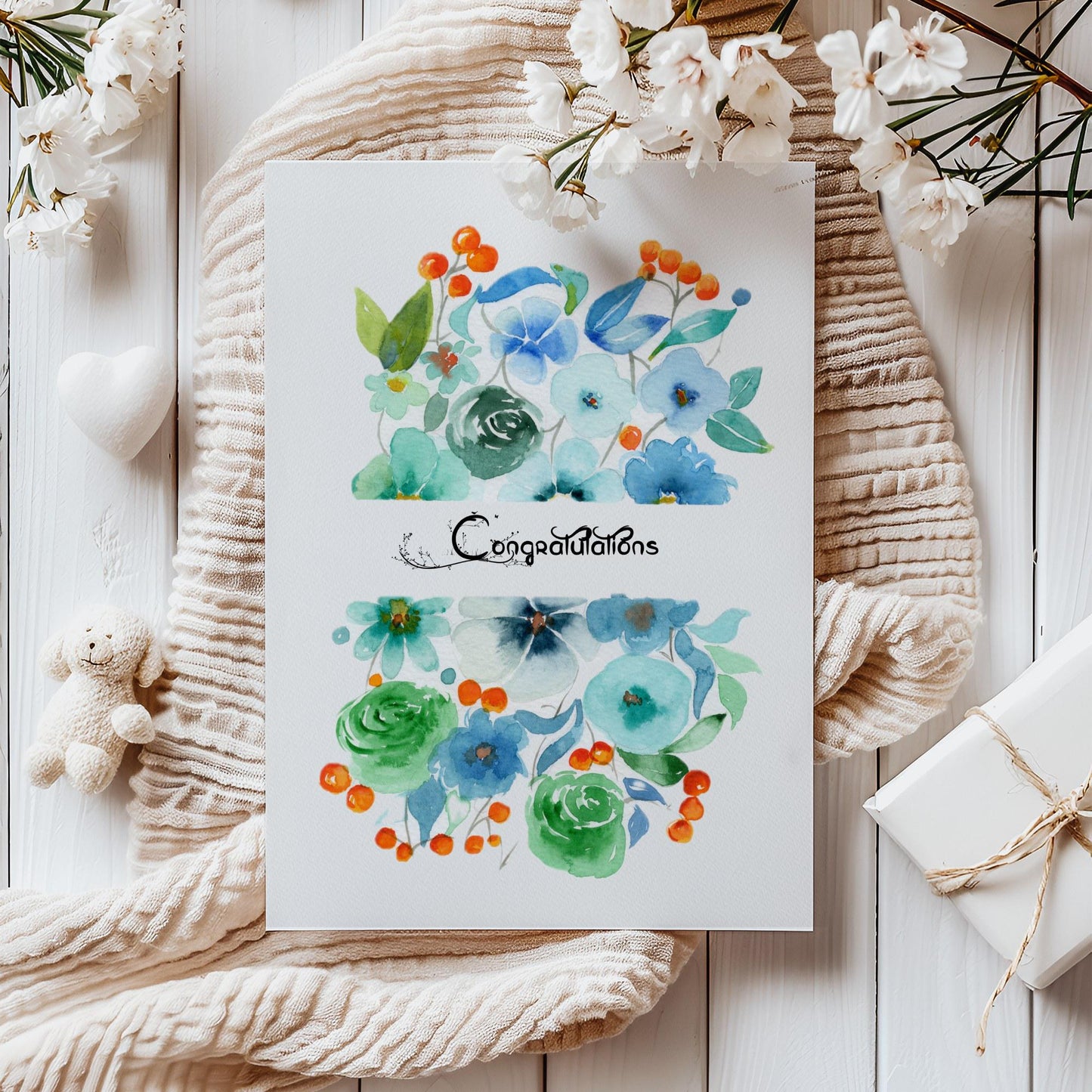 Light Blue Floral Watercolor Notecard| Handmade Botanical Greeting New Baby Card