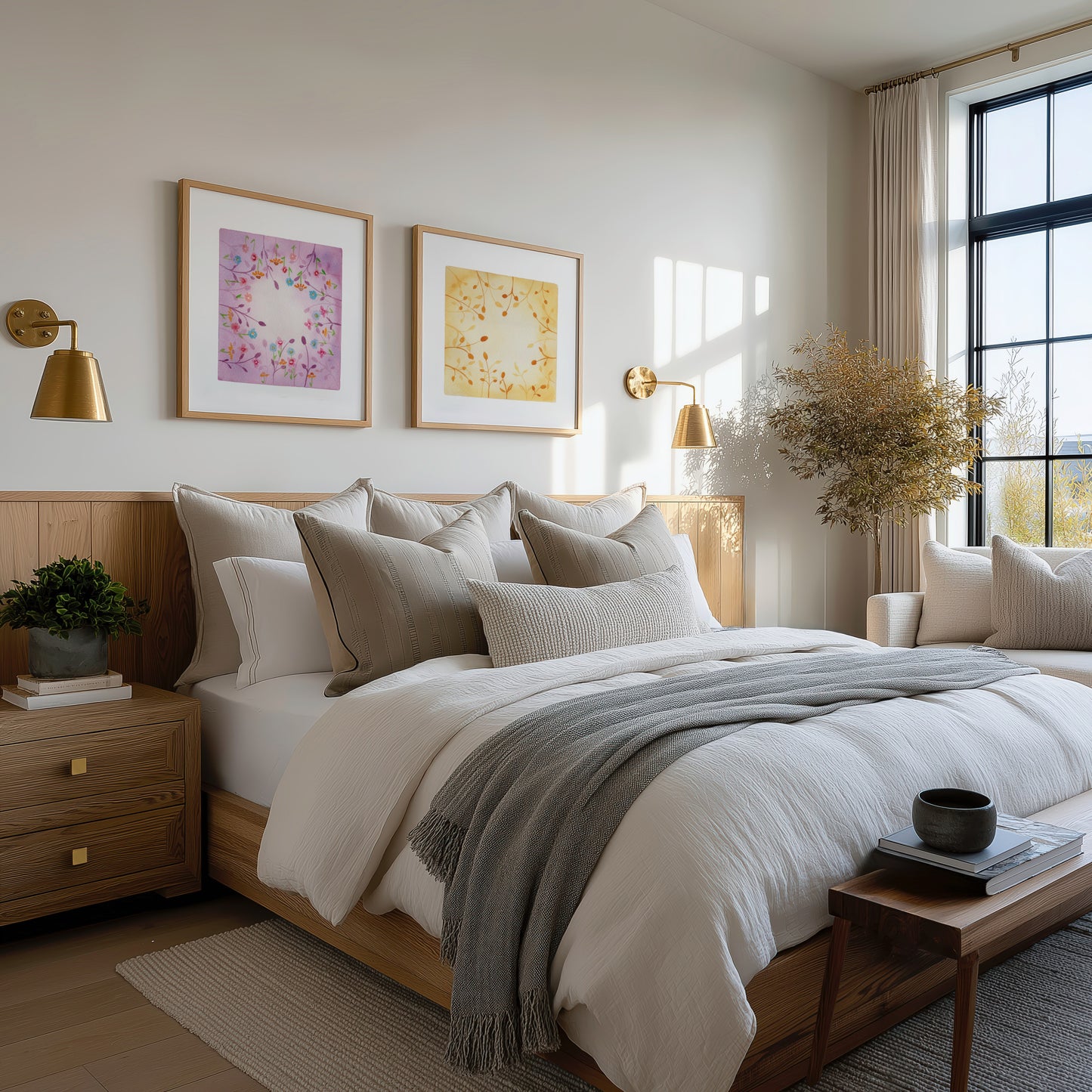 Botanical Harmony: The Silence & The Bloom – A Watercolor Duo Print of Golden Twilight & Royal Amethyst