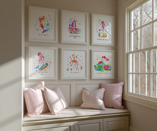 Set of 6 Nautical Nursery Watercolor Girl Prints - "Sea of Empowerment" Collection.