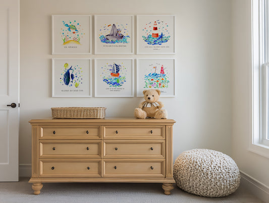 Set of 6 Nautical Nursery Watercolor Boys Prints - "Sea of Empowerment" Collection.