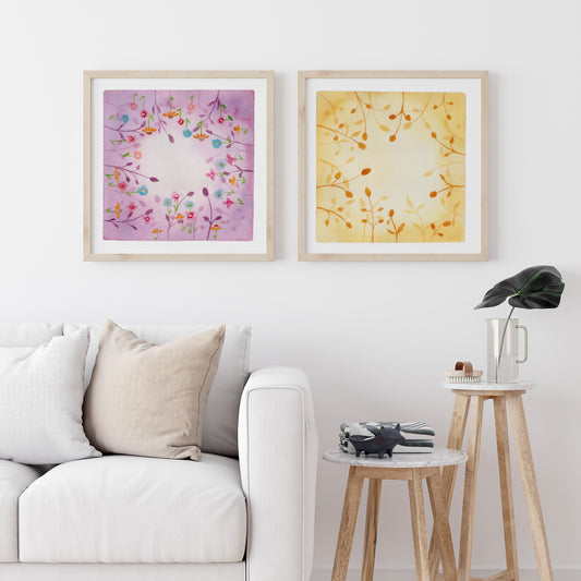 Botanical Harmony: The Silence & The Bloom – A Watercolor Duo Print of Golden Twilight & Royal Amethyst
