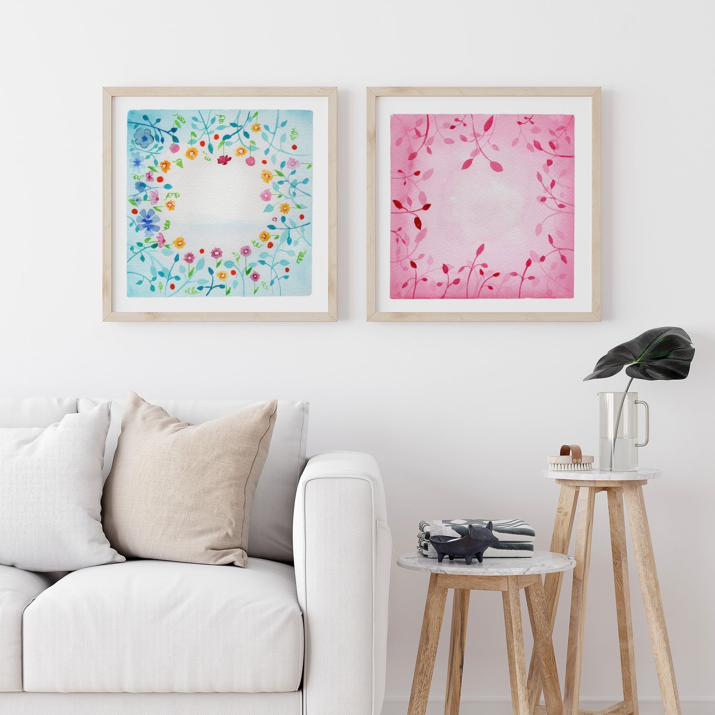 Botanical Harmony: The Silence & The Bloom – A Watercolor Duo Print of the Lagoon & Blush