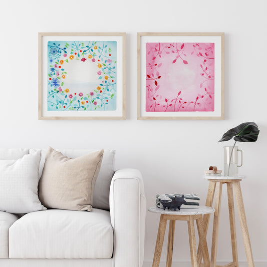 Botanical Harmony: The Silence & The Bloom – A Watercolor Duo Print of the Lagoon & Blush