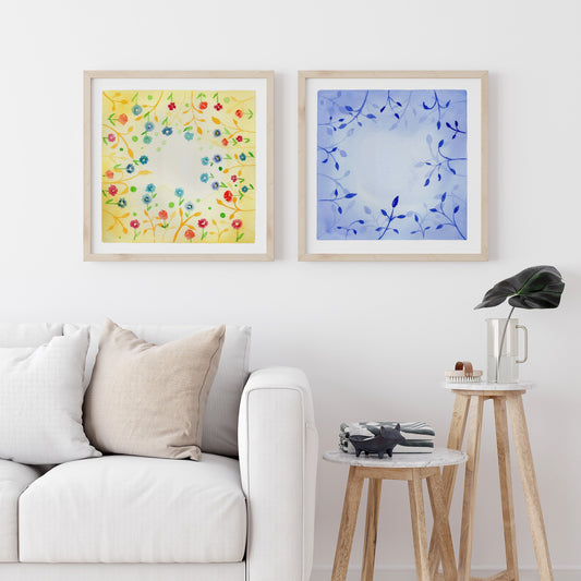 Botanical Harmony: The Silence & The Bloom – A Watercolor Duo Print of the Sun and the Ocean