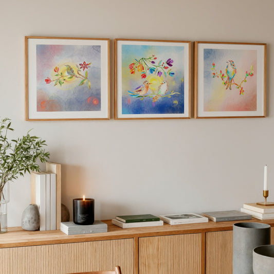 Set-Curated Trio of Golden Birds Frequency Fine Art Print. Edition 1