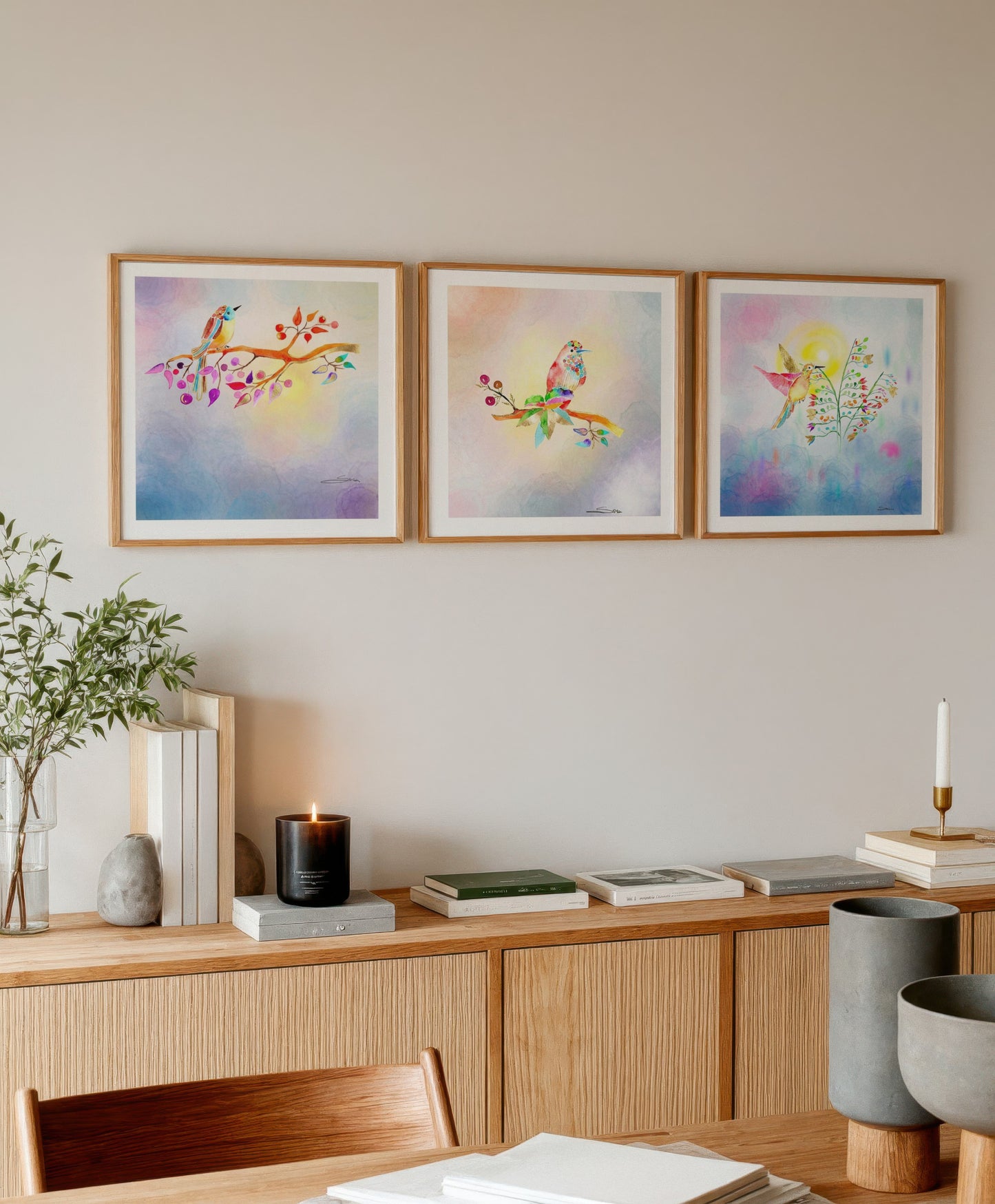Set-Curated Trio of Golden Birds Frequency Fine Art Print. Edition 2
