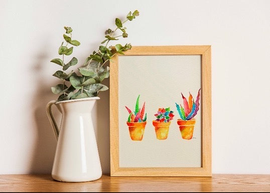 Colorful Succulent Trio in Terracotta Pots Print | Bright Botanical Watercolor Wall Art