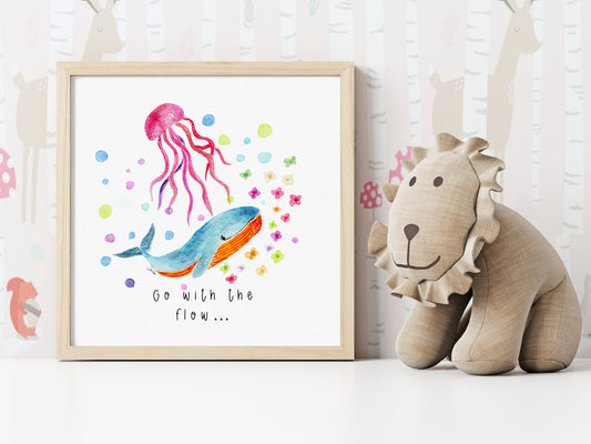 Pink Whale  & Jelly Fish Art Print | Nautical Nursery Wall Art | Watercolor Handmade  Illustration -