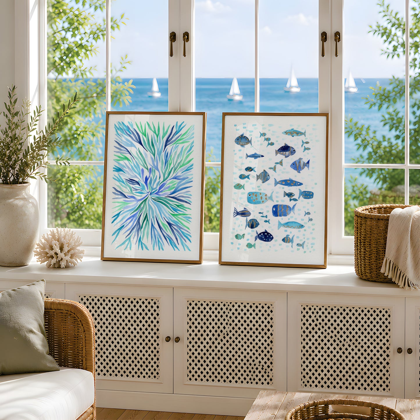 Set of 2 Coastal Wall Art, Navy Blue Ocean Prints, Abstract Underwater Pattern, Shimmering Gold Fish, Modern Beach House Decor, Minimalist Marine Art (Copy)