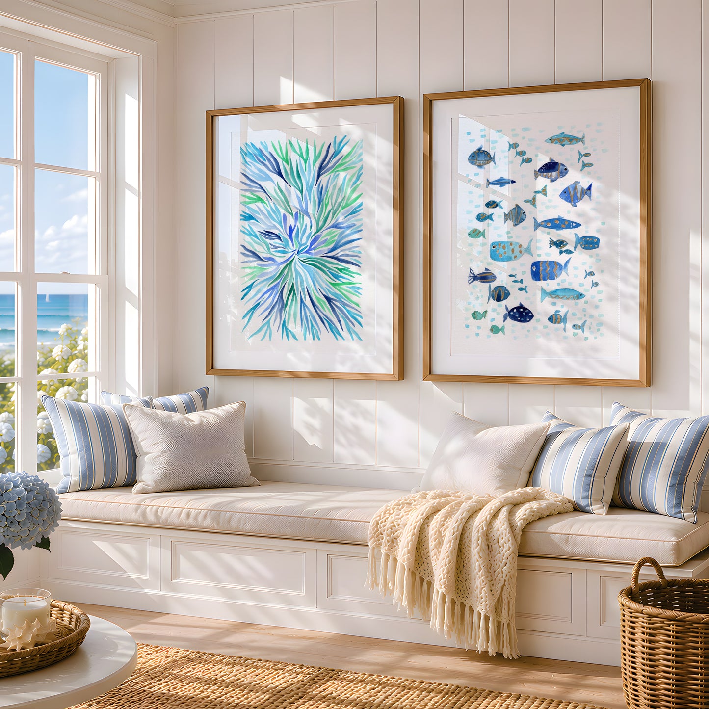 Set of 2 Coastal Wall Art, Navy Blue Ocean Prints, Abstract Underwater Pattern, Shimmering Gold Fish, Modern Beach House Decor, Minimalist Marine Art (Copy)