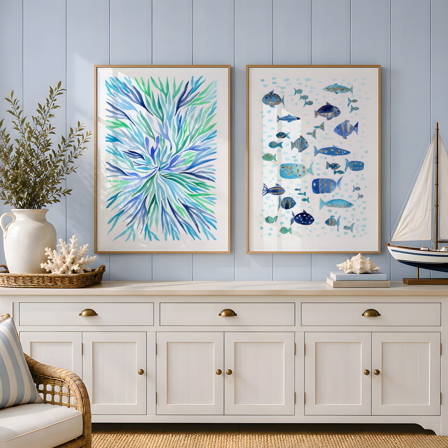 Set of 2 Coastal Wall Art, Navy Blue Ocean Prints, Abstract Underwater Pattern, Shimmering Gold Fish, Modern Beach House Decor, Minimalist Marine Art (Copy)