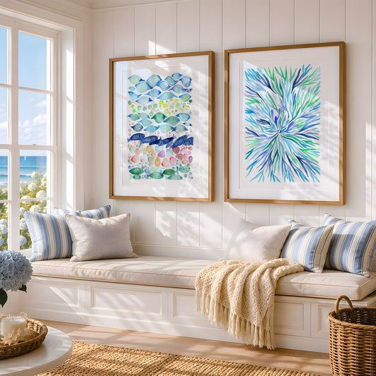 Set of 2 Coastal Wall Art, Navy Blue Ocean Prints, Abstract Underwater Pattern, Modern Beach House Decor, Minimalist Marine Art