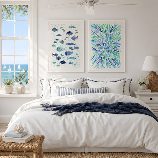 Set of 2 Coastal Wall Art, Navy Blue Ocean Prints, Abstract Underwater Pattern, Flora and Fish