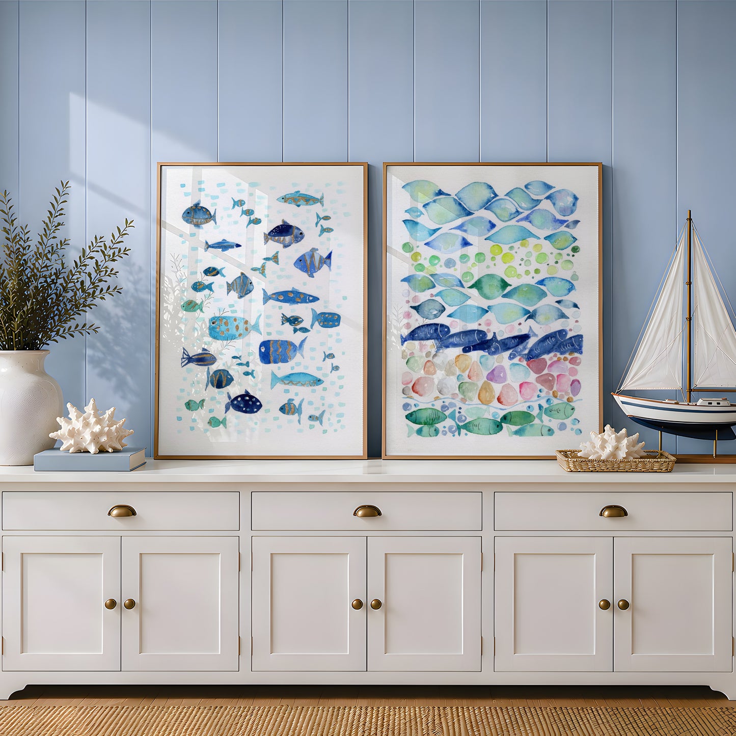 Set of 2 Coastal Wall Art, Navy Blue and Gold Ocean Prints, Abstract Underwater Pattern, Modern Beach House Decor, Minimalist Marine Art