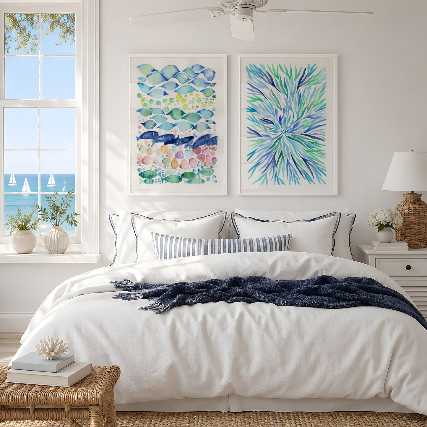 Set of 2 Coastal Wall Art, Navy Blue Ocean Prints, Abstract Underwater Pattern, Modern Beach House Decor, Minimalist Marine Art