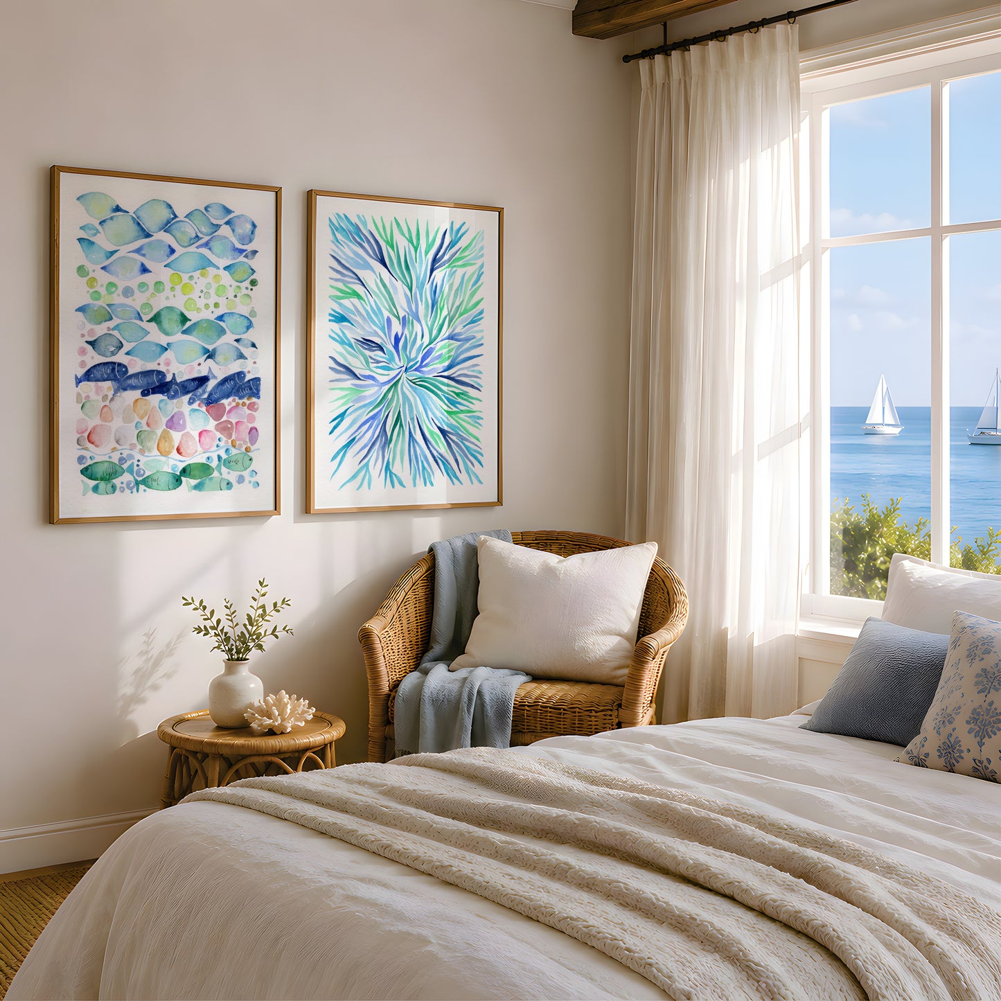 Set of 3 Coastal Wall Art, Navy Blue Turquoise  and Gold Ocean Print, Abstractive Underwater Botanical Pattern, Modern Nautical Decor, Playfull Fish Beach House Art