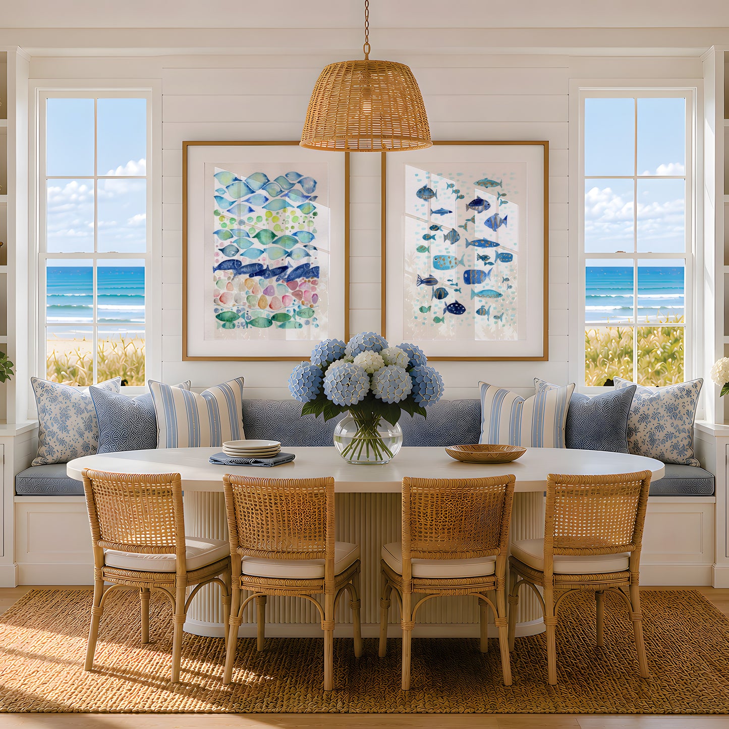 Set of 3 Coastal Wall Art, Navy Blue Turquoise  and Gold Ocean Print, Abstractive Underwater Botanical Pattern, Modern Nautical Decor, Playfull Fish Beach House Art