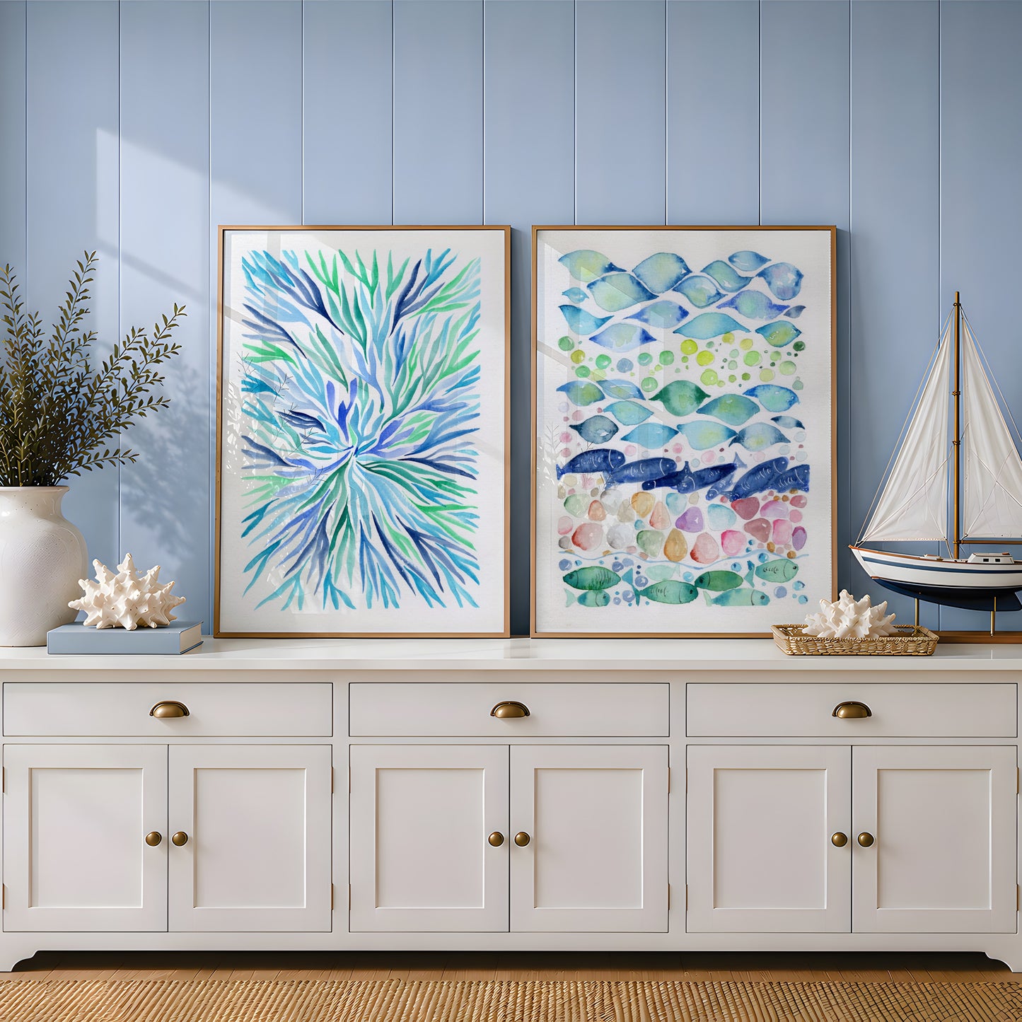 Set of 2 Coastal Wall Art, Navy Blue Ocean Prints, Abstract Underwater Pattern, Modern Beach House Decor, Minimalist Marine Art