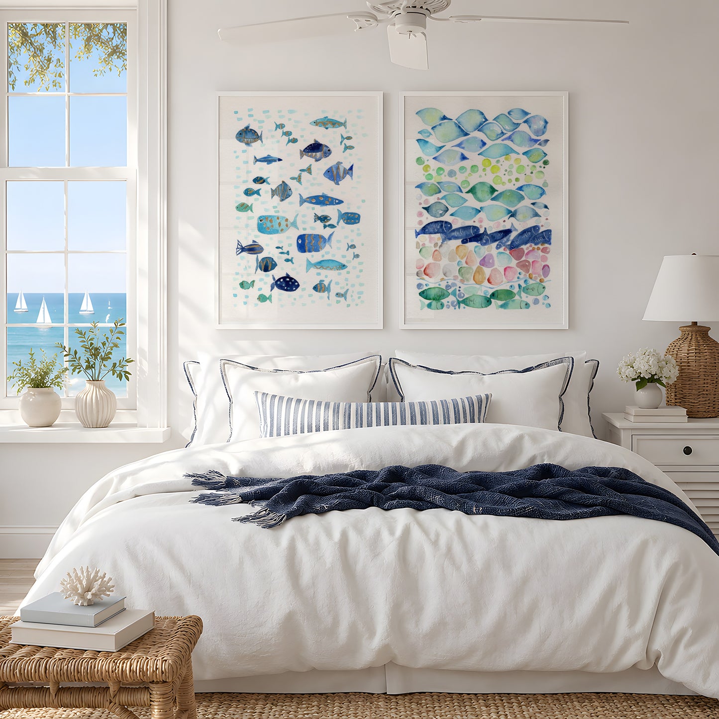 Set of 3 Coastal Wall Art, Navy Blue Turquoise  and Gold Ocean Print, Abstractive Underwater Botanical Pattern, Modern Nautical Decor, Playfull Fish Beach House Art