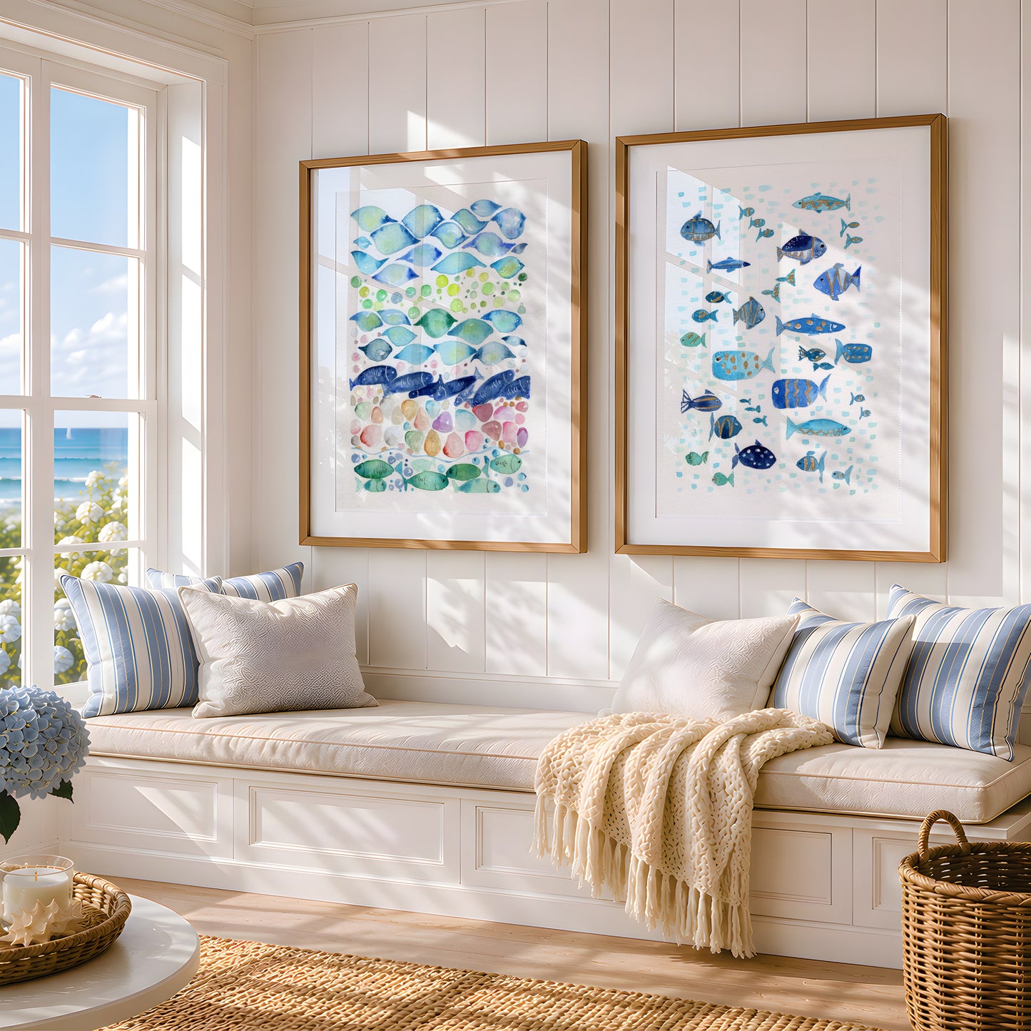 Set of 2 Coastal Wall Art, Navy Blue and Gold Ocean Prints, Abstract Underwater Pattern, Modern Beach House Decor, Minimalist Marine Art