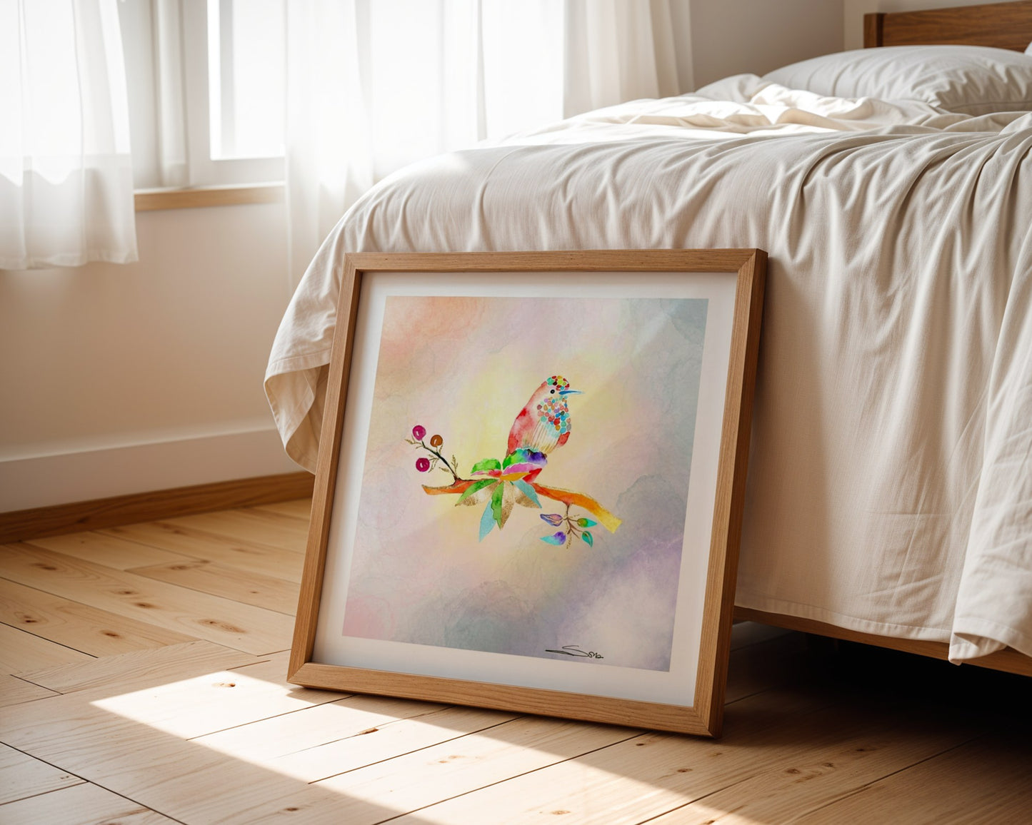 Set-Curated Trio of Golden Birds Frequency Fine Art Print. Edition 2
