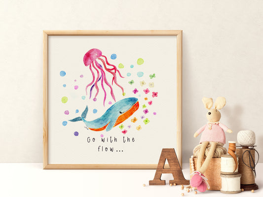 Pink Whale  & Jelly Fish Art Print | Nautical Nursery Wall Art | Watercolor Handmade  Illustration -