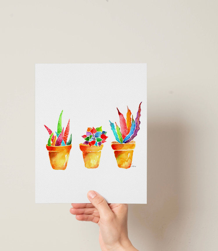 Colorful Succulent Trio in Terracotta Pots Print | Bright Botanical Watercolor Wall Art