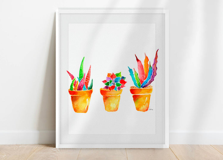 Colorful Succulent Trio in Terracotta Pots Print | Bright Botanical Watercolor Wall Art