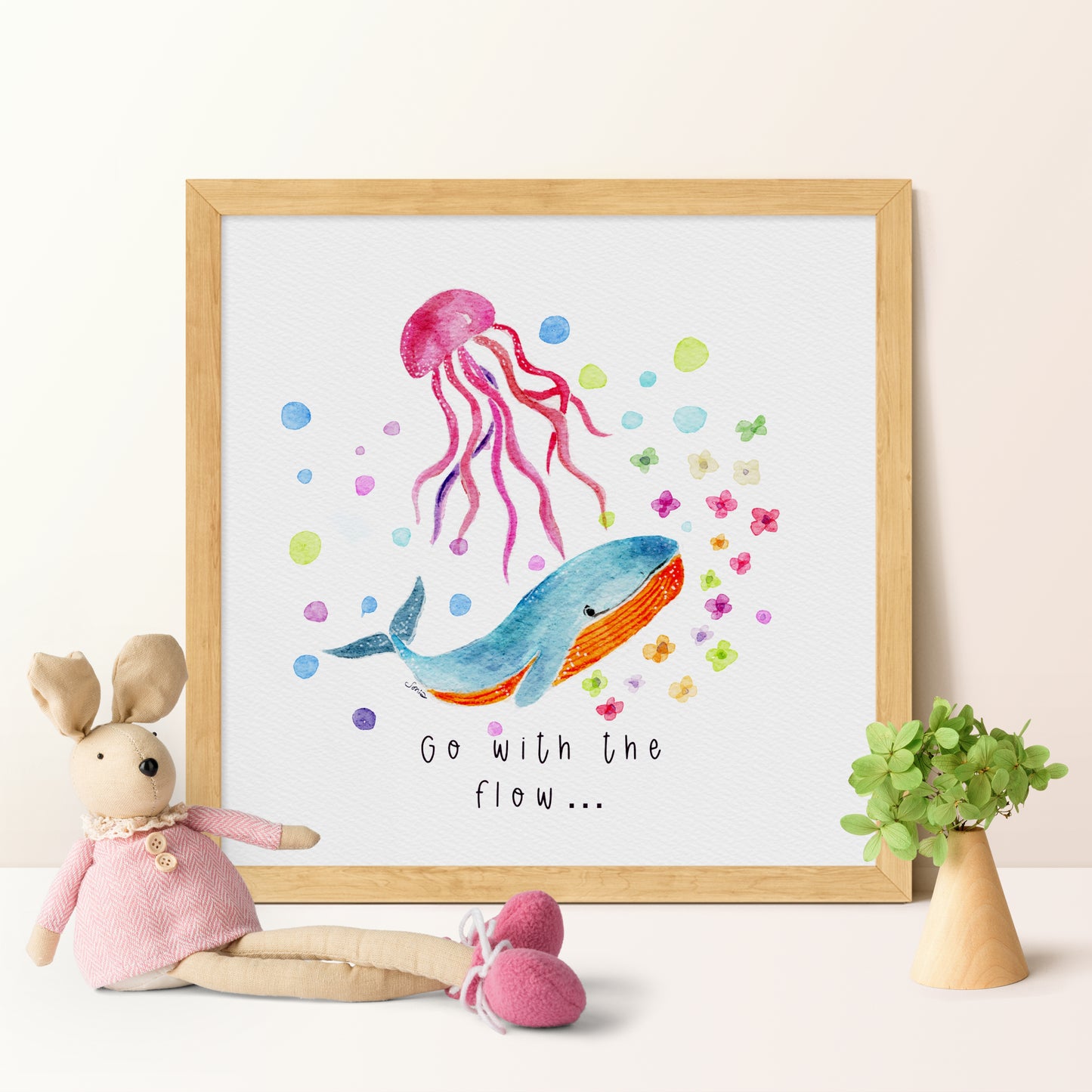 Pink Whale  & Jelly Fish Art Print | Nautical Nursery Wall Art | Watercolor Handmade  Illustration -