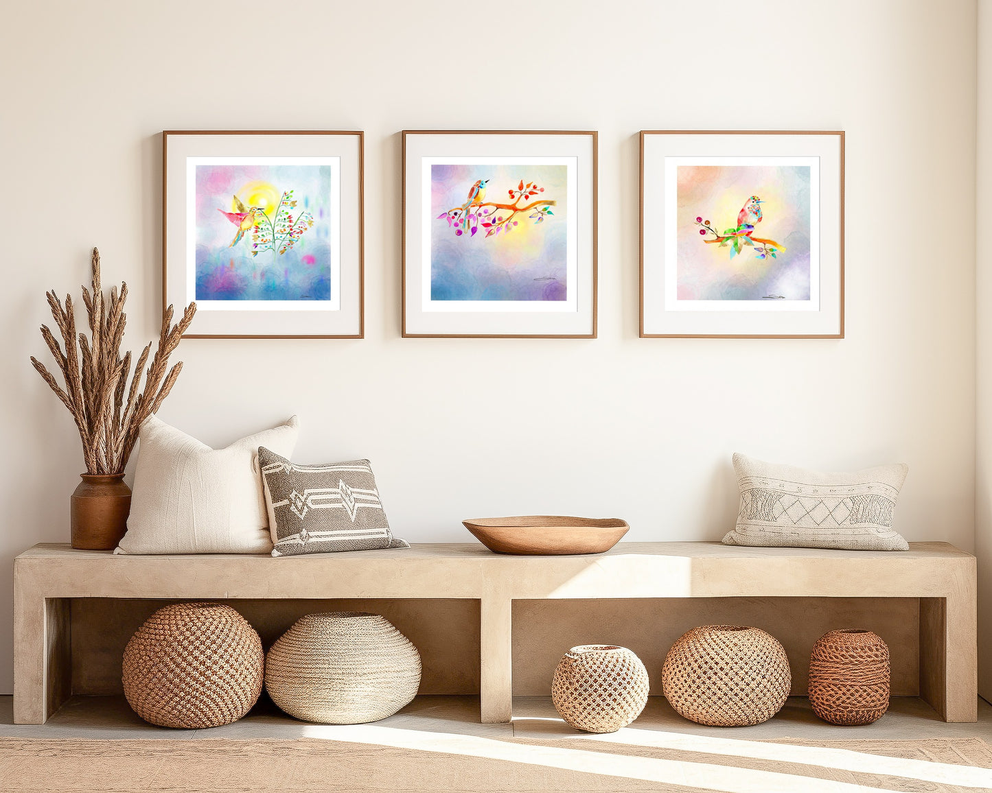 Set-Curated Trio of Golden Birds Frequency Fine Art Print. Edition 2