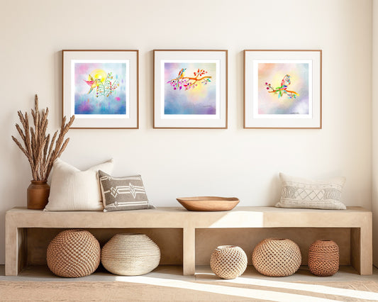 Set-Curated Trio of Golden Birds Frequency Fine Art Print. Edition 2