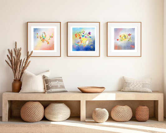 Set-Curated Trio of Golden Birds Frequency Fine Art Print. Edition 1
