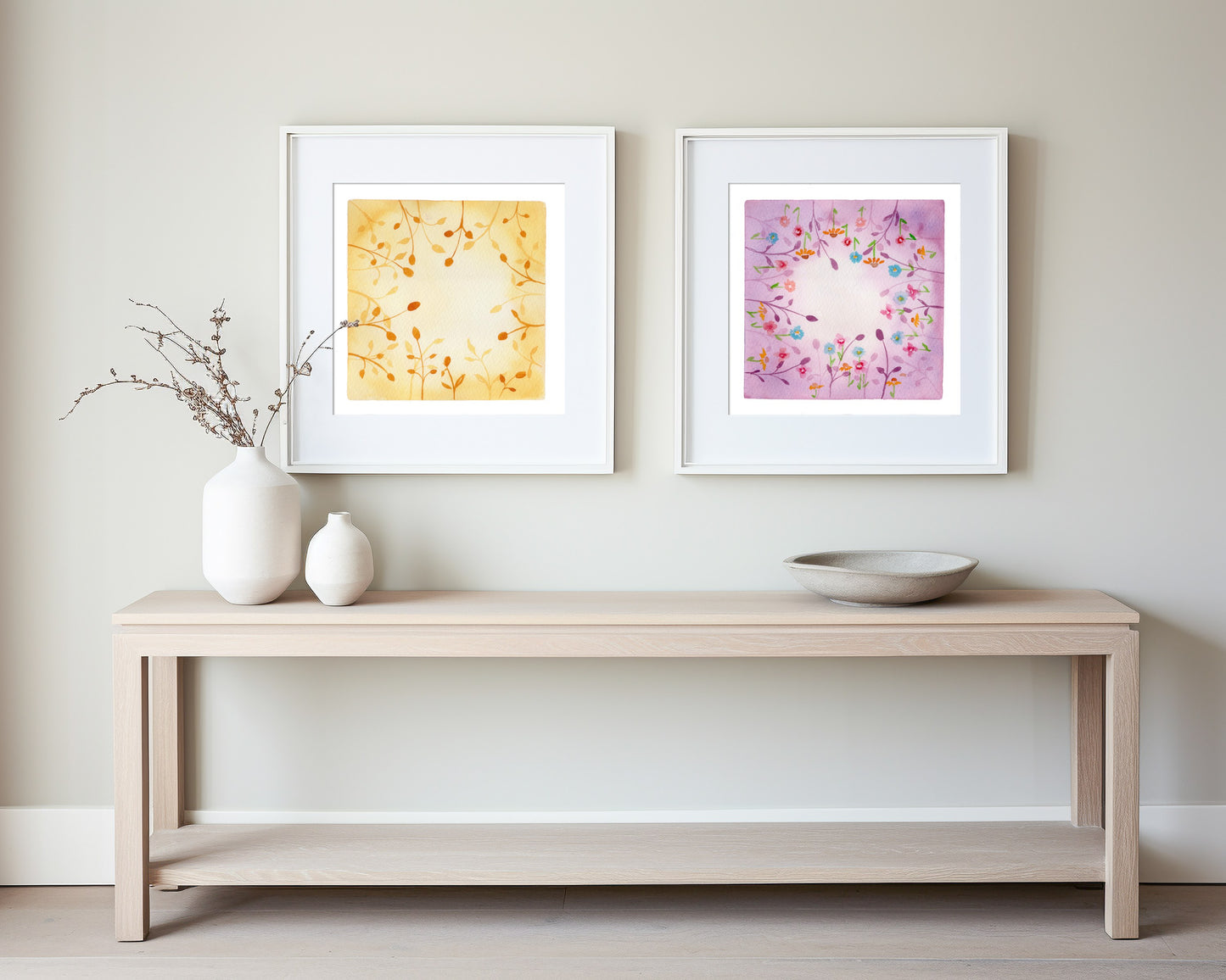 Botanical Harmony: The Silence & The Bloom – A Watercolor Duo Print of Golden Twilight & Royal Amethyst