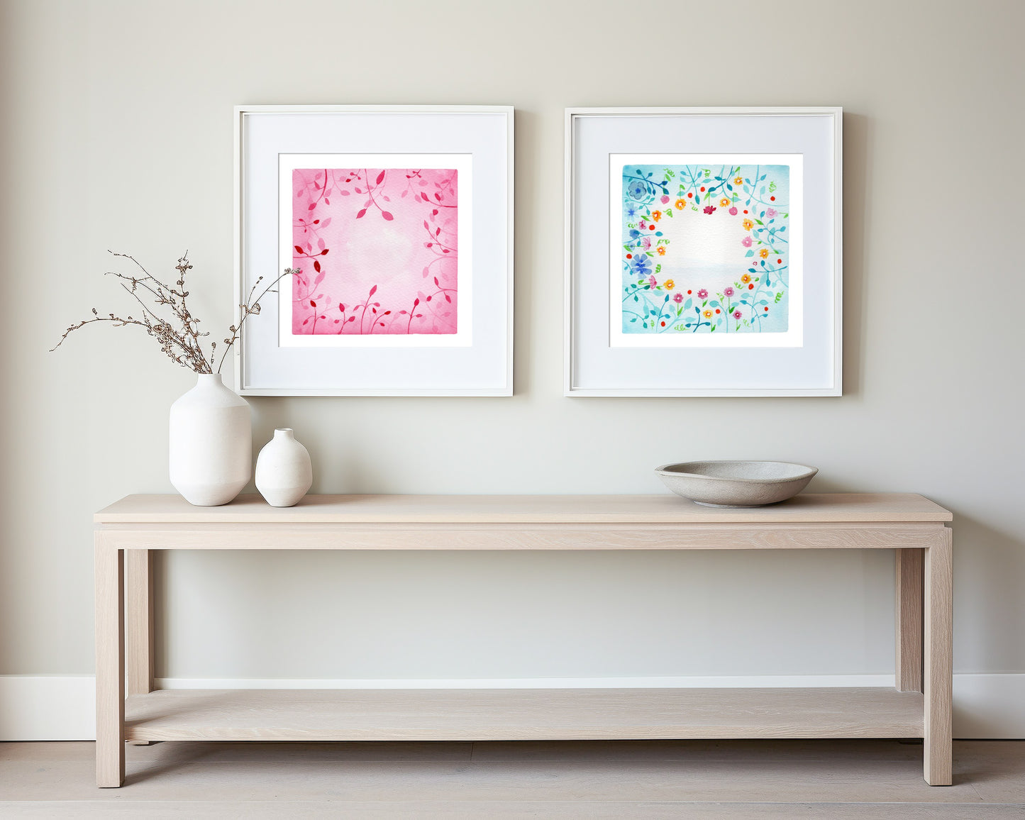 Botanical Harmony: The Silence & The Bloom – A Watercolor Duo Print of the Lagoon & Blush