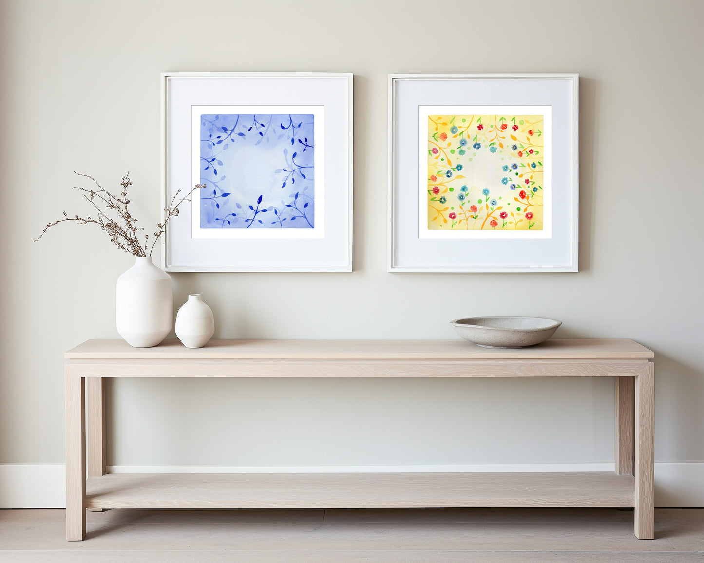 Botanical Harmony: The Silence & The Bloom – A Watercolor Duo Print of the Sun and the Ocean