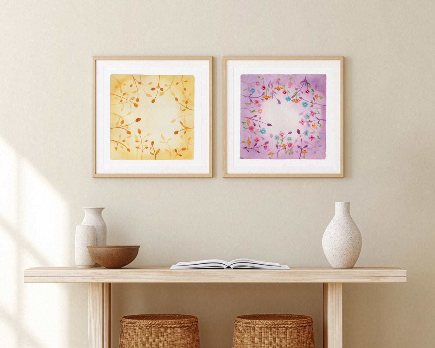 Botanical Harmony: The Silence & The Bloom – A Watercolor Duo Print of Golden Twilight & Royal Amethyst