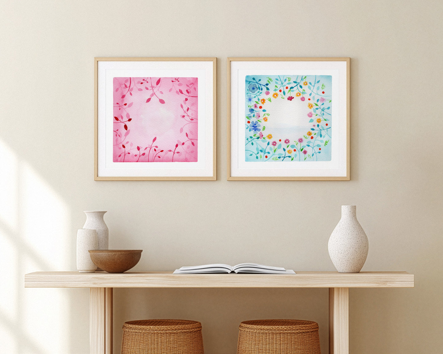 Botanical Harmony: The Silence & The Bloom – A Watercolor Duo Print of the Lagoon & Blush
