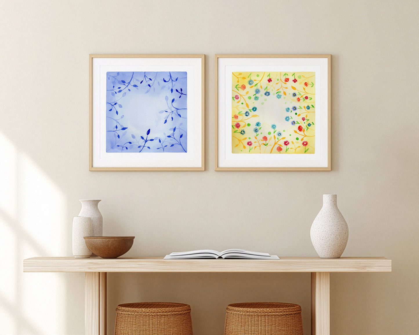 Botanical Harmony: The Silence & The Bloom – A Watercolor Duo Print of the Sun and the Ocean
