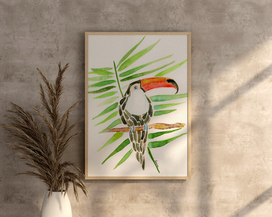 Tropical Toucan and Palm Leaves Watercolor Print - Botanical Art for Home Decor (A4 Size)